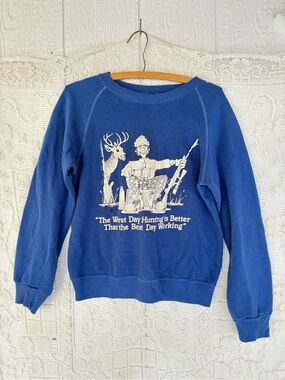 Vintage 80s Royal Blue Graphic Crewneck Sweatshirt - Hunting Design